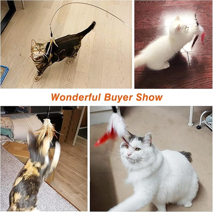 Pawaboo Feather Teaser Cat Toy, Interactive Feather Wand Cat Toy Flying Feather Cat Catcher with Extra Long 34.5" Wand and Small Bell, Fun Exerciser Playing Toy for Kitten or cat, Brown Feather