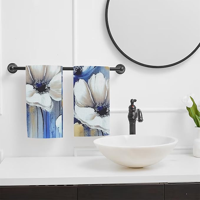Watercolor White Blue Flowers Hand Towel Set of 2,Abstract Oil Painting Floral Soft Absorbent Decorative Bathroom Kitchen Towel for Bathroom Kitchen Hotel Gym Yoga