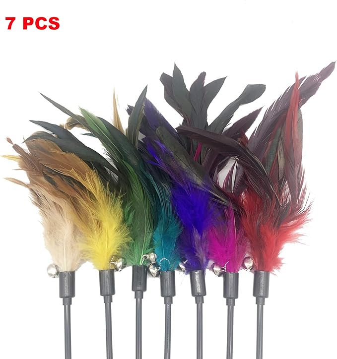 Cat Wand Toy Feather Stick Cat Toys, 7 PCS Cat Feathers Toy Wand, Interactive Cat Toy Feather Wand for Indoor Cats