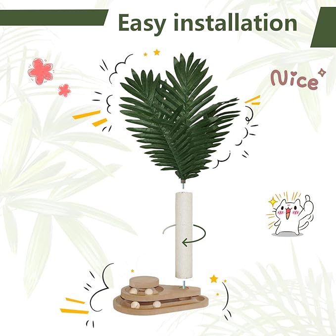 Cat Scratching Post, 23.6" Green Leaves Tall Scratching Post, 2 Layer Cat Ball Track Toy with 4 Removable Balls, Interactive Cat Toy with Natural Sisal Scratch Pole