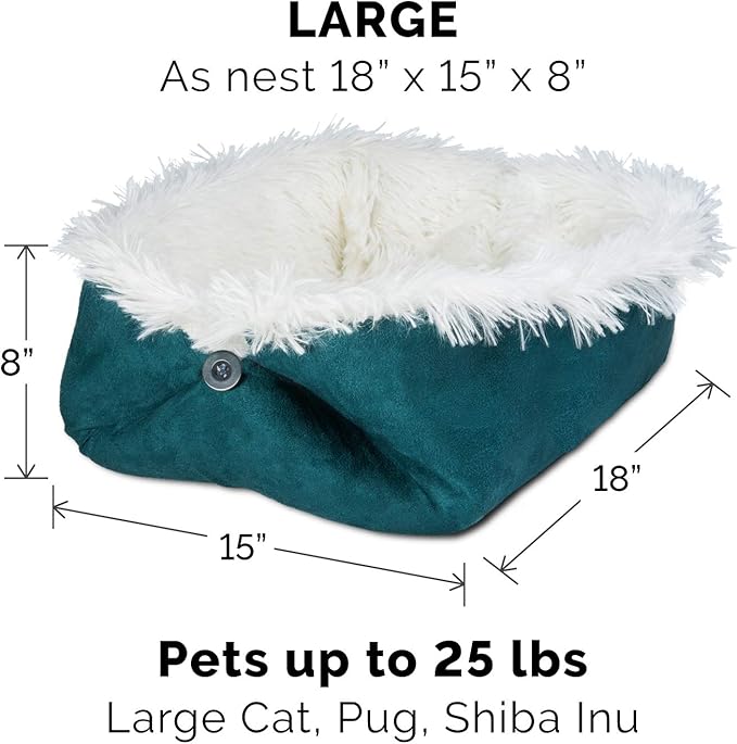 Furhaven Self-Warming Cat Bed for Indoor Cats, 4-Beds-in-1 & Washable - Plush Long Faux Fur Convertible Cuddler - Spruce, Large