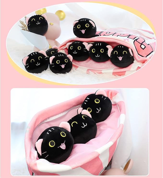 Plush Black Cat Pillow, 8 Cute Removable Stuffed Animals, Kids Sofa Chair Decorative Gift (Pink)