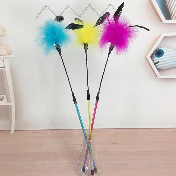 IUHKBH Cat Feather Wands, 3 Colors Interactive Cat Toys Cat Teaser Wands with Soft Turkey Feather and Bell for Cats and Kitties