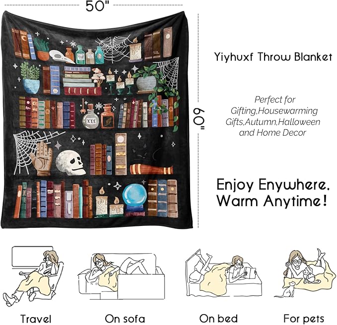 Book Lovers Gifts Witches Bookshelf Blanket,Halloween Skulls Black Cat Potions Cute Magic Goth Fleece Throw for Women Men,Flannel Blanket for Home Living Room Couch Bed Chair Dorm Decor 60"x50"