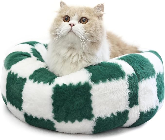 Cat Beds for Indoor Cats Washable Self Warming Soft Round Cat Bed for Anxiety Orthopedic Green Pattern Mordern 20 Inch