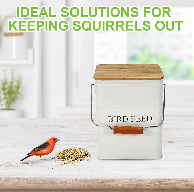 Bird Seeds storage container, Metal food tin for Birds, pet snacks Canisters with wooden lid/handle/sevice scoop,hold 5-6 lbs