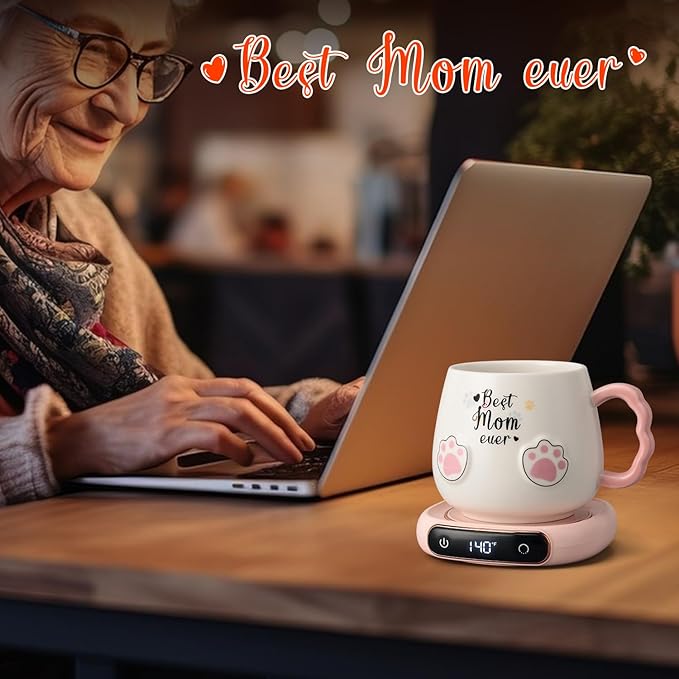 Best Mom Ever Coffee Mug Warmer & Mug Set for Desk, Cup Warmer, Office & Mothers Day Valentine's Day Birthday Gifts from Daughter Son, Beverage Warmer with 3 Temperature Setting, 8Hours Auto Shut Off