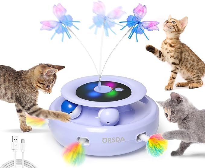 ORSDA Cat Toy, 3-in-1 Automatic Cat Toys for Indoor Cats, Electronic Whack a Mole, Fluttering Butterfly,Track Balls Kitten Toy, Rechargeable Power Interactive Feather Toys for All Breeds