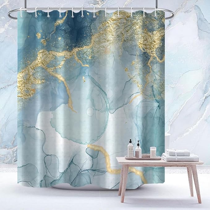 AWERT Teal Marble Shower Curtain for Bathroom Waterproof Quick-Drying Modern Abstract Shower Curtain Set with Hooks 60x72 Inch