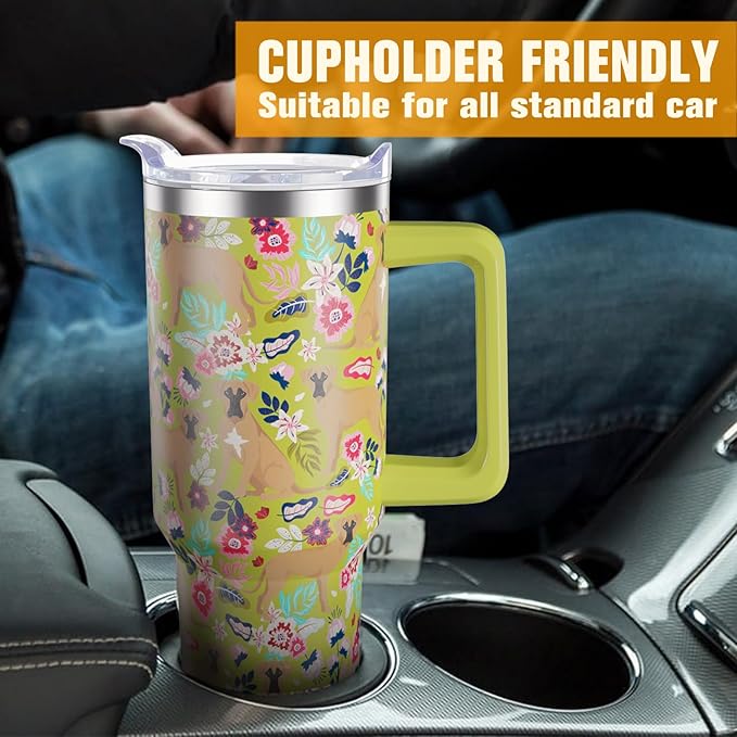Boxer Dog Gifts for Women Dog Lovers 40 oz Floral Boxer Lover Tumblers with Handle and Straw, Stainless Steel Vacuum Insulated Travel Coffee Mug Cup Water Bottle