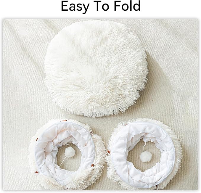 HIPIPET Winter Plush Cat Tunnel with Cat Bed for Indoor Cats,Multifunctional Cat Toys for Small Medium Large Cat.(White)