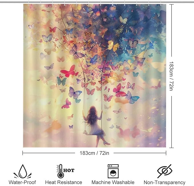 Brebasf Abstract Fantasy Animal Butterfly Shower Curtain Set Bathroom Set Decorative Watercolor Oil Painting Japanese Anime Girl Sunset Butterfly 4 Piecet