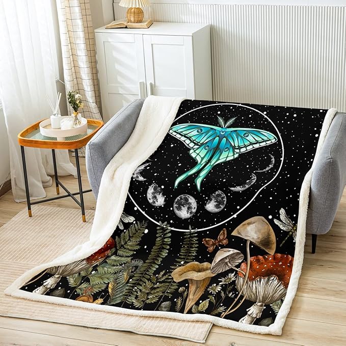 Blue Butterfly Throw Blanket for Bed Sofa Queen Size - Dragonfly Moth Mushroom Moon Phase Fleece Sherpa Starry Sky - Hippie Wild Fungus Plush Boho Bohemian Fuzzy