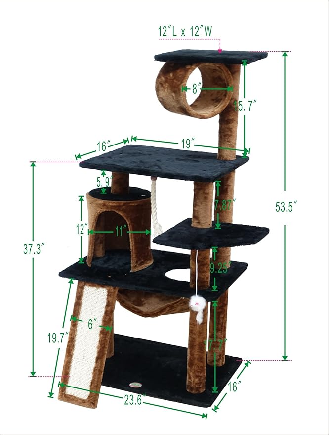 Go Pet Club Everyday Value 53in Cat Tree Kitty Tower Kitten Scratcher Condo House Furniture with Hammock and Tunnel Indoor Cat Activity Center, Brown/Black