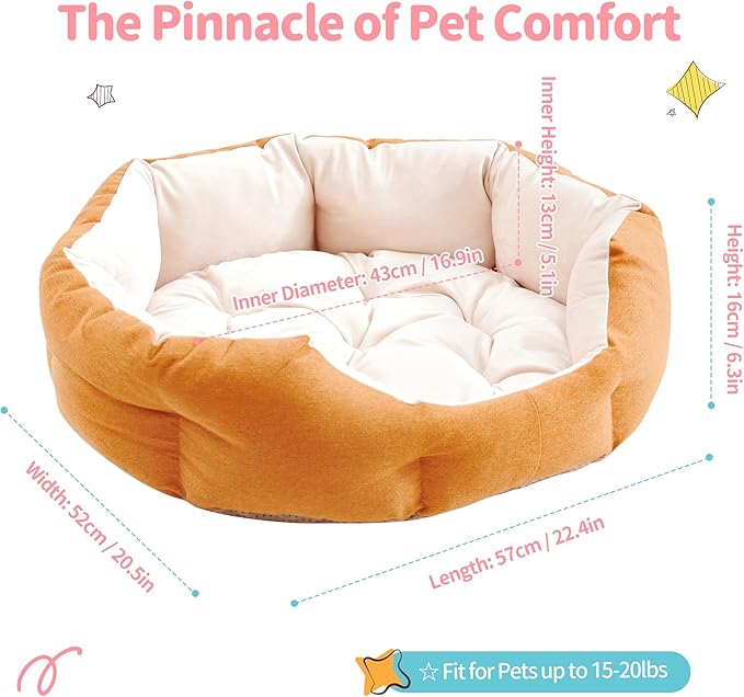 Made4Pets Cat Beds for Indoor Cats - Dog Beds for Small Dogs, Round Pet Bed for Puppy and Kitten, Washable Dog Bed with Anti-Slip Bottom, Removable Dual-Fabric Cushion for All Season, Orange