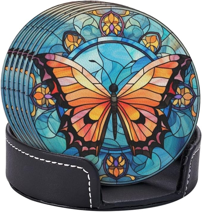 Butterfly Drink Coaster Set of 6, Butterfly Decor Gifts, Leather Drink Coasters with Holder, 6 Pack Cup/Bar/Drink Coasters for Table/Drinks/Coffee Protection Housewarming Gift (Butterfly)