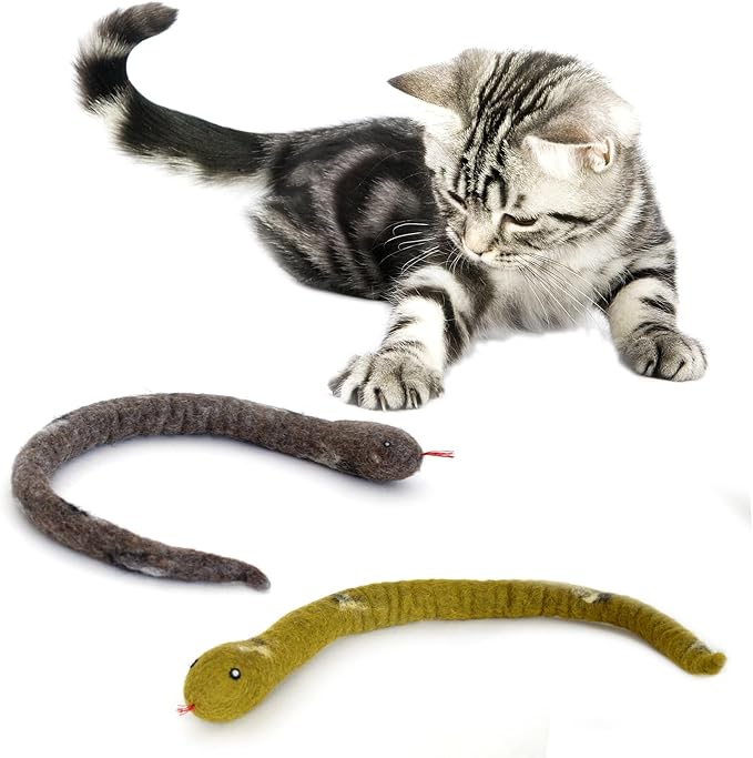 Glaciart One Felt Cat Snake Toy – Soft Fuzzy Enrichment 100% Natural Wool Toy - Interactive Catnip Play Cat Toy Set - Safe for Pets, Non-AZO Colored Dyes - 18” Long