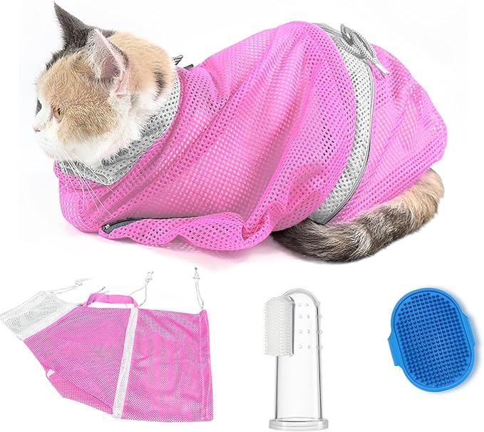 Adjustable Multifunctional Anti-Bite Shower net Bag，Cat Grooming Mesh Bag, Cat Bathing Bag，Cat Bath Brush and Pet Finger Toothbrush(B-Pink)