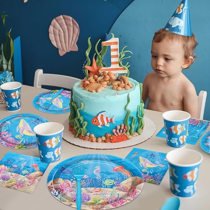 96PCS Under the Sea Party Decorations Ocean Sea Birthday Tableware Underwater World Paper Plates Ocean Animal Plates Napkins Dinnerware for Baby Shower Party Supplies, Serves 24