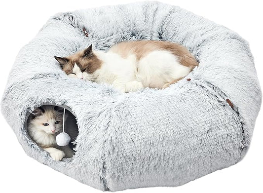 JIUPETY Cat Tunnel Bed with Soft Plush Mat, Collapsible Tube Playground, Cat Toy Tunnel for Indoor Cats, Kitten, Rabbit, Ferret, Fluffy Plush Material, Includes Dangling Balls, Light Grey