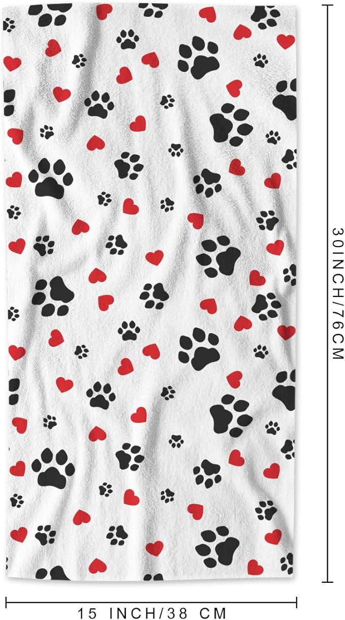 AOYEGO Cute Colorful Paw Print Bath Towels Lovely Puppy Animal Dog Cat Footprint Red Hearts Kitchen Hand Towels Bathroom Decor Soft Beach Microfiber Hair Towels 15x30 Inch