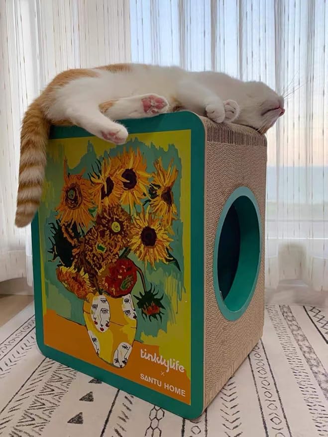Cat Condo Scratcher Cardboard, Sunflowers Shape Adaptation Spoof Version Cat Scratching House Bed Furniture Protector, Green Colour
