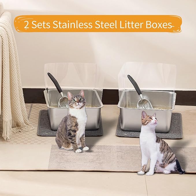 2 Sets Stainless Steel Litter Boxes, Metal Cat Litter Box Pan with High Wall Sides Non-Sticky Kitty Litter Box for Odor Control with Litter Scoop Easy Cleaning 19.7"x13.8"x5.9"