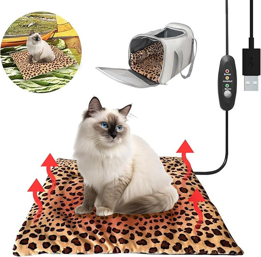 Portable Heated Pad for Cat, Puppy and Small Pet, 3-Temperature Settings, Washable, Safe 5V Voltage, Power-Bank Powered, Ideal for Indoor and Outdoor Use. 15" x 19" x 0.6" (Leopard Print)