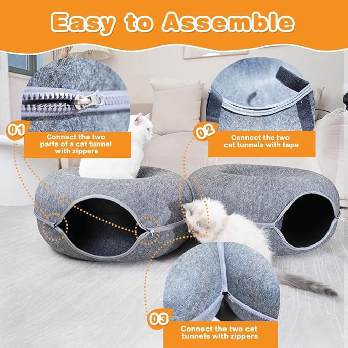 Cat Tunnel Bed, 2-in-1 Cat Donut Tunnel Bed for Indoor Cats Scratch Resistance & Washable & Detachable Round Felt Cat Cave Bed All Seasons (24 Inch, Dark Grey)