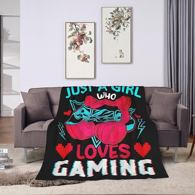 Gaming Blanket Game Throw Blanket Just A Girls Who Loves Gaming Decor Stuff Merch Cozy Print Flannel Fleece Soft Plush Fuzzy Warm Lightweight Bedding Play Games Gifts for Women Teenager 50"X40"