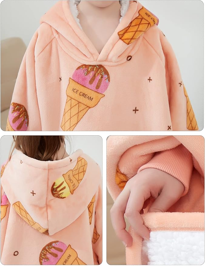 KFUBUO Wearable Blanket Hoodie for Kids Sherpa Patterns Oversized Sweatshirt Blanket With Pocket 6-10 Year Old Girl Birthday Gifts Ice Cream