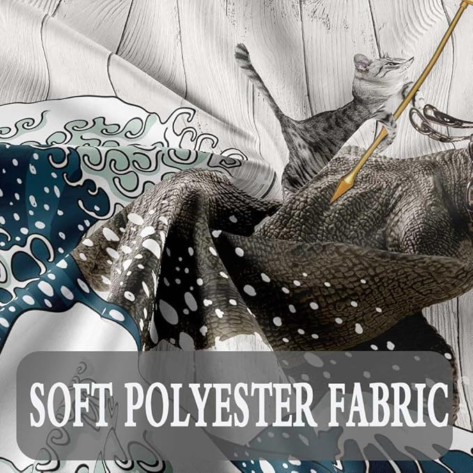 Boziqr Funny Cat Shower Curtain, Cool Cat Dinosaur Japanese Ocean Wave Decor Fabric Bathroom Curtains, Kids Children Rustic Wooden Farmhouse Shower Curtain, 70X70 Inches