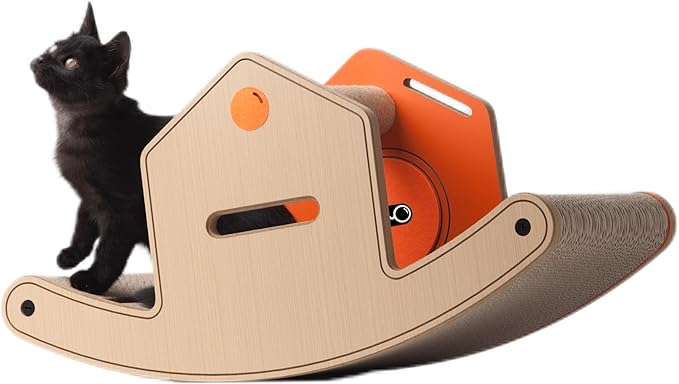 Rocking House Cat Scratcher - 3-in-1 Cat Scratching Lounge, Bed, and Play Center with Curved Groove and Interactive Game Ball, Cat Tree for Indoor Cats