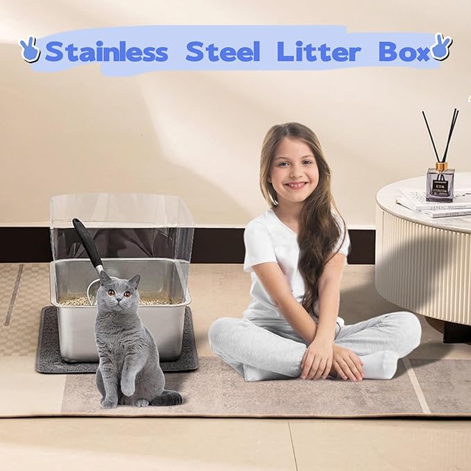 2 Sets Stainless Steel Cat Litter Box with High Sides Cat Litter Tray, Metal Cat Litter Pans with Plastic Shield Easy to Clean Cat Litter Scoops Cat Litter Mats 17.7x13.8x5.9inch