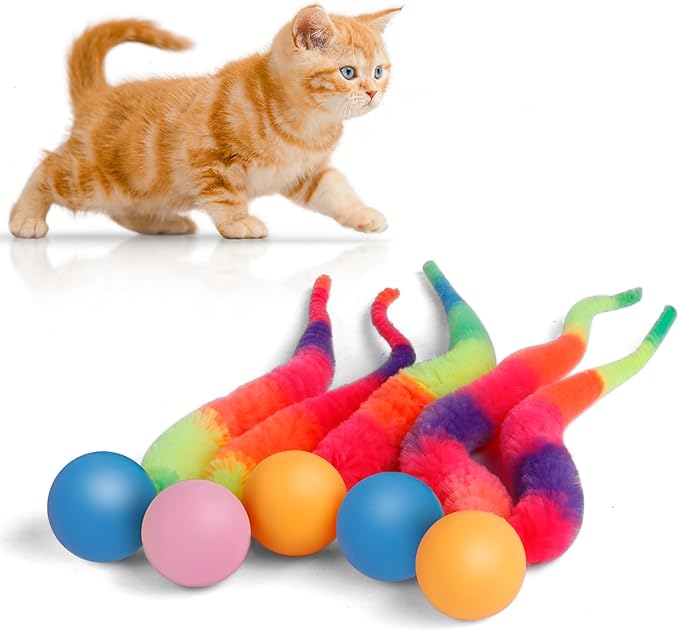 SHENGSEN Bouncy Ball with Tail Cat Toys-5 Packs,Rainbow Small Magic Worm with Ball Toy for Cats,Colorful Fuzzy Worm Bouncy Balls Cat Toy