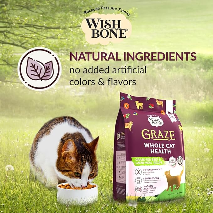Wishbone Graze New Zealand Beef and Lamb, Gluten Free, Grain Free Dry Cat Food, Premium Beef and Lamb Recipe Cat Food for Overall Pet Health - 4 lb