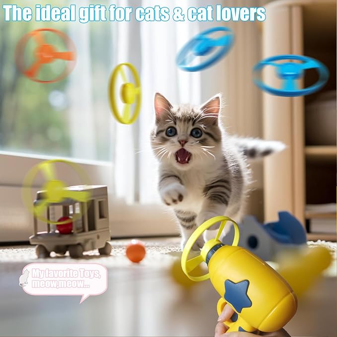 Cat Fetch Toys, Interactive Flying Cat Toy with 20 Flying Propellers, Dog Cat Pet Tracks Chasing Toy for Indoor,Outdoor Cats (Yellow)