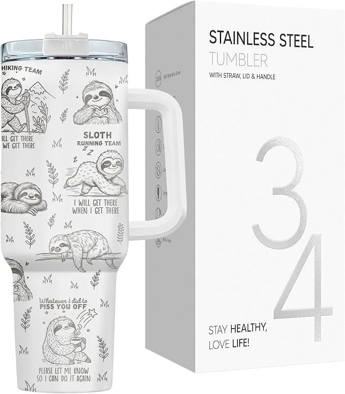 34HD Laser Engraved Sloth Tumbler with Handle and Straw, 40oz Stainless Steel Insulated Travel Coffee Mug, Sloth Gifts for Women, Sloths Lover Gifts