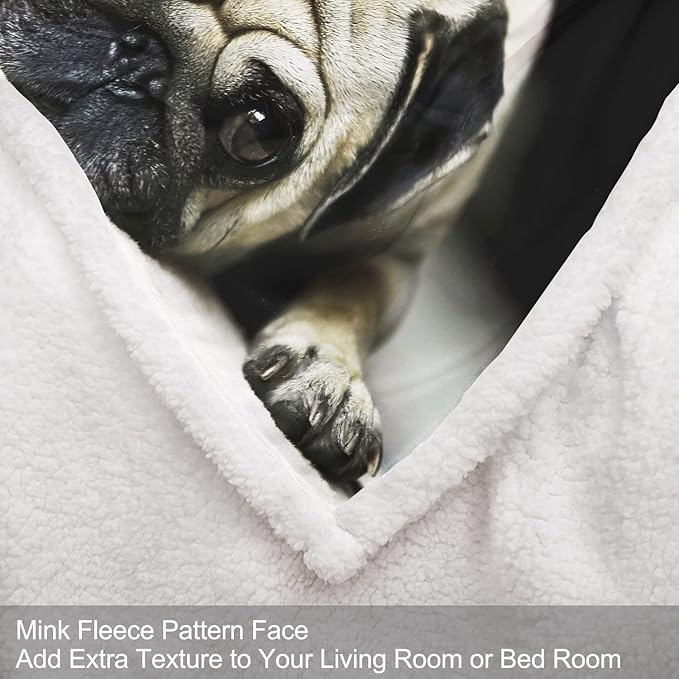 Pug Sherpa Blanket, Dog Print Fleece Throw Blankets for Couch Sofa Bed, Super Soft Warm and Lightweight, 50" x 60"