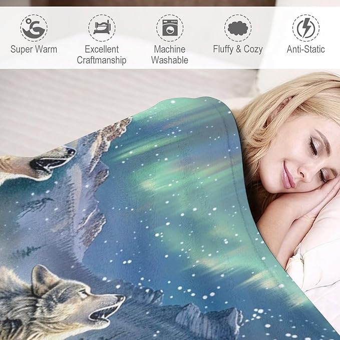 Wolf Blanket Wolf Aurora Borealis Gifts for Girls Boys Woman Kids Wolf Lover Throw Blankets Soft Blanket Warm Fleece Flannel Plush Blankets for Bed Sofa Couch 50"x60"
