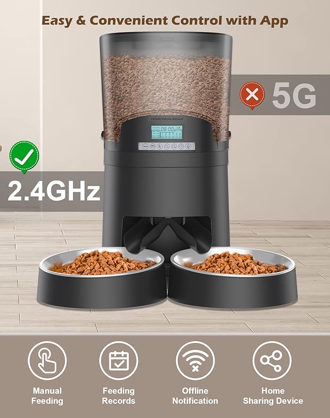 HoneyGuaridan 6.5L Automatic Cat Feeder for 2 Cats,Wi-Fi Smart Pet Feeder,Timer Cat Food Dispenser for Cats & Dogs, APP Control,Desiccant, Voice Recorder Black