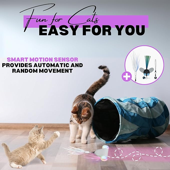 Rolling Rover – Interactive Cat Toy with RGB Wheels, Automatic Moving Mouse-Shaped Design, Feather Butterfly and Bell Attachments, Smart Motion Activated for Indoor Cats & Kittens (Pink)