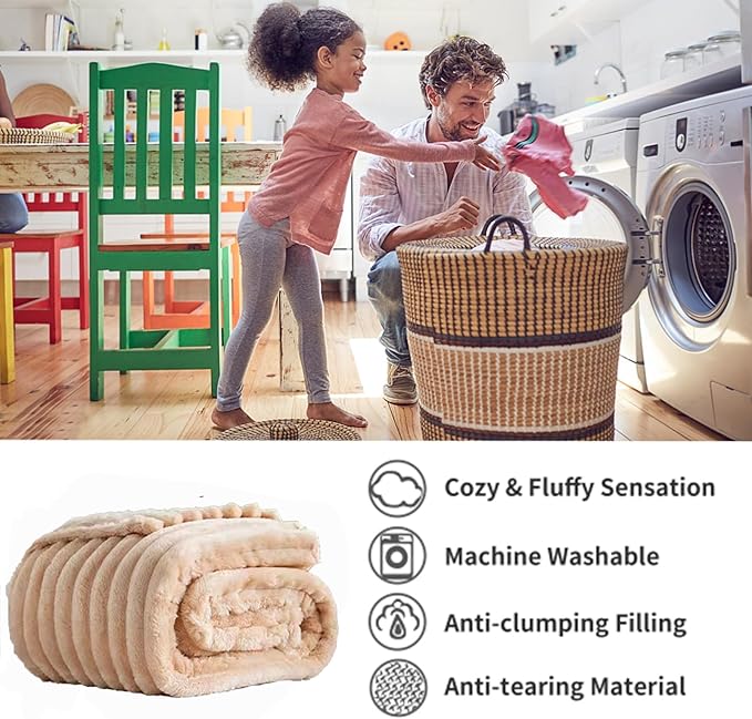 Fleece Fuzzy Throw Blanket, 3D Fleece Ribbed Jacquard Blanket, Cozy Soft Warmer Comfort Lightweight for All Season, Aesthetic Room Decor for Couch Sofa Bed, Gifts for Christmas, Birthdays, Camel