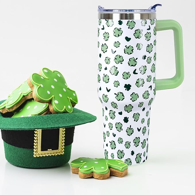 40 Oz St Patricks Day Tumbler 3d-Printed Green Irish Shamrocks Tumbler Clover Gifts for Women Men Insulated Travel Cup with Handle Lid and Straw