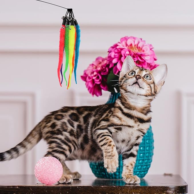 cobee 12pcs Cat Worm Toy Refills, Cat Wand Toy Replacement Refills Furry Tail Worm with Bells Assorted Cat Interactive Toy Refills with Bell for Cat Kitten Worm Refills Attachment for Cat Wand