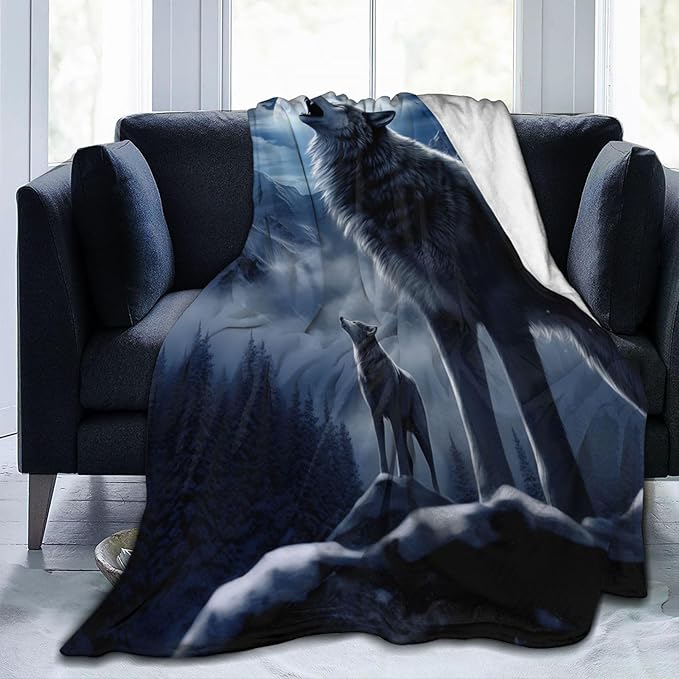 Snowy Mountain Wolf Blanket Gifts Moonlit Night Wolves Flannel Throw Blankets for Home Decor Couch Bed Sofa Soft Fuzzy Lightweight for All Season 60x50 Inches