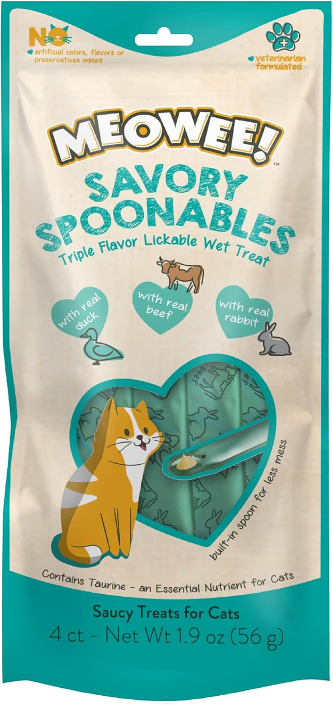 Savory Spoonables with Real Duck, Beef and Rabbit for Cats, 4 Count, Treat Your Cat to Triple Flavor Squeezable Lickable Wet Treats with Built-in Spoon for Less Mess