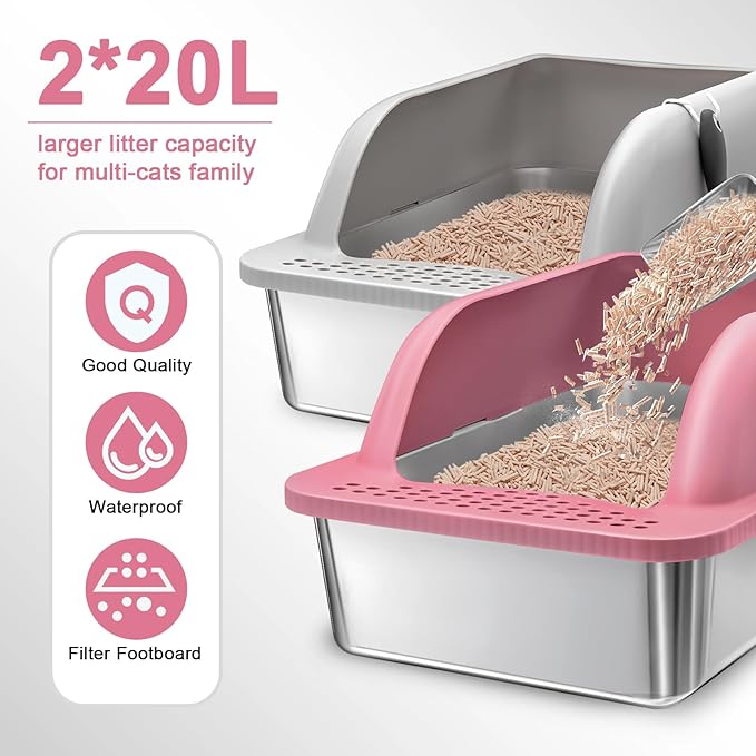 2 Pack XL Stainless Steel Litter Box Enclosure, Stainless Steel Cat Litter Pan for Big Cats, Large Metal Litter Box with Anti-Leakage High Wall, Non-Sticky Easy Cleaning Cat Litter Tray