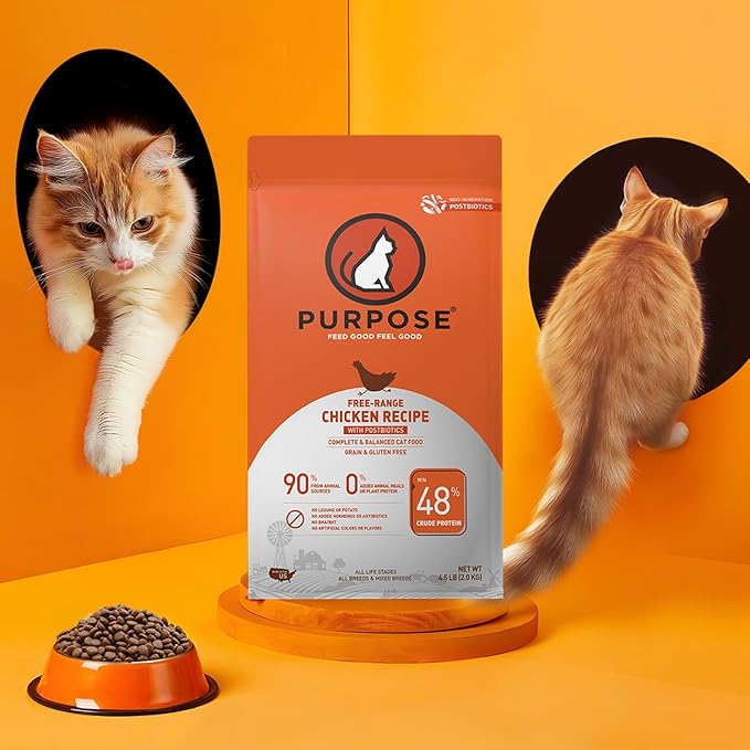 PURPOSE Natural Dry Cat Food, Grain Free Dry Cat Food, Protein Rich Indoor Cat Food for All Breeds and Life Stages, Free-Range Chicken Recipe with Postbiotics, 4.5lb Bag, USA Made…