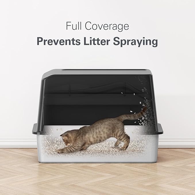 Barhon Stainless Steel Litter Box with Lid, Covered Cat Litter Box for Big Cat, Extra Large Enclosed Metal Litter Box with High Sides, Removable Lid, Non-Sticky, Easy to Clean (Black)